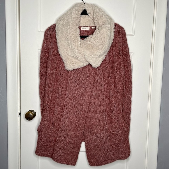 Sleeping On Snow Anthropologie Pink/Rose Knit Cardigan w/ Sherpa Collar Medium - Picture 1 of 14